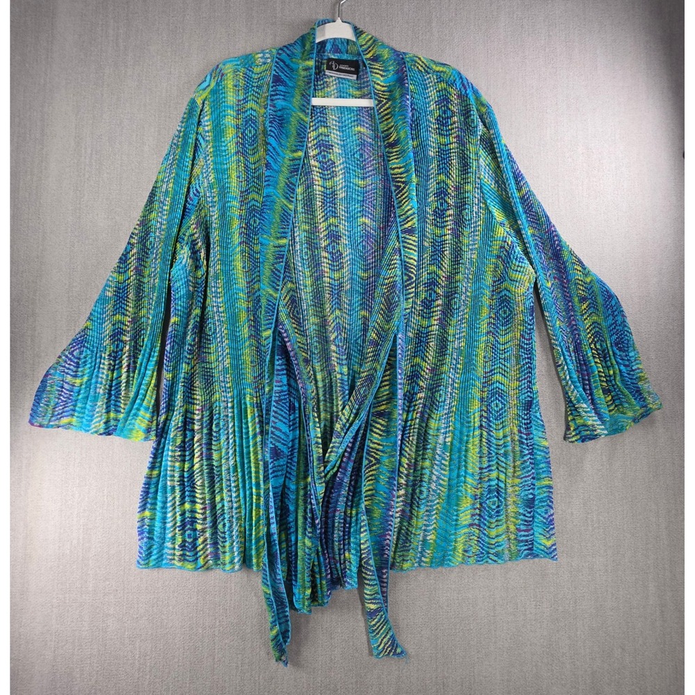 Added Dimensions Open Front Cardigan Womens 3X Blue Green Pleated Abstract Tie
